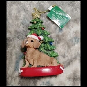 Kurt Adler Tan Dog Ornament with Red Hat and Green Tree